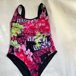 Versace Black and Pink Floral One Piece Swimsuit